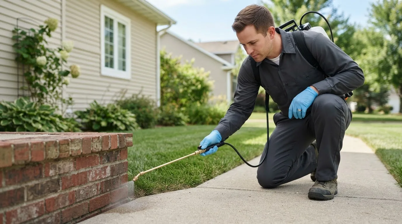Pest control technician treating a home near Peru, IN